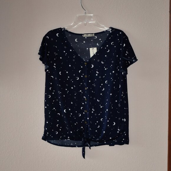 All in Love Women's Blue Celestial Cap Sleeve Button-Up Knot Front Top Size L - Picture 1 of 5